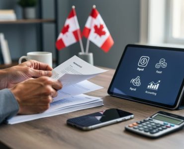 Hands using a tablet and smartphone on a desk to manage accounting and payroll for a Canadian small business, with paperwork and calculator nearby.
