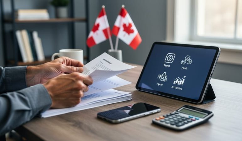 Hands using a tablet and smartphone on a desk to manage accounting and payroll for a Canadian small business, with paperwork and calculator nearby.