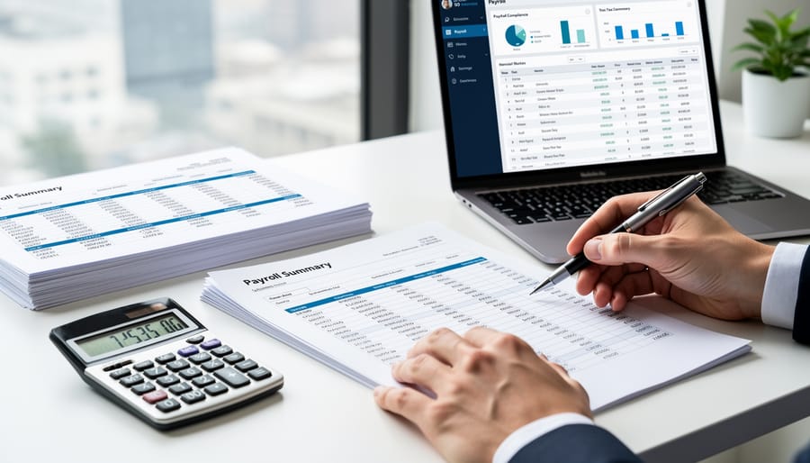 Close-up of hands handling payroll documents and a calculator on a desk