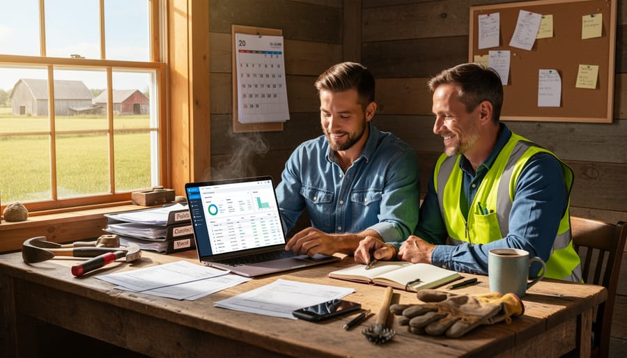 Farmer’s workshop workspace with a desk workstation and tools in the background