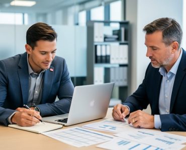 Canadian small business owner meeting with a financial consultant at a desk with an open laptop and financial documents, reviewing plans for growth and cash flow.