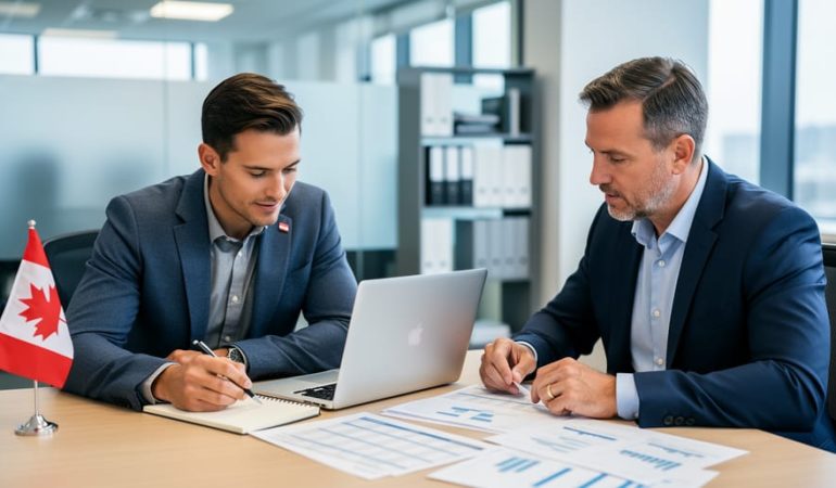 Canadian small business owner meeting with a financial consultant at a desk with an open laptop and financial documents, reviewing plans for growth and cash flow.