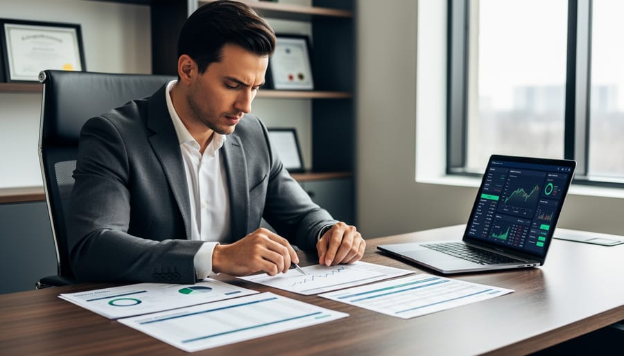 Small business owner reviewing financial statements in an office beside a laptop