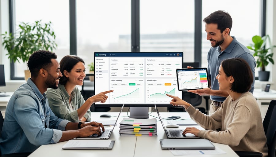 Small business team reviewing financial work together with a tablet and laptop