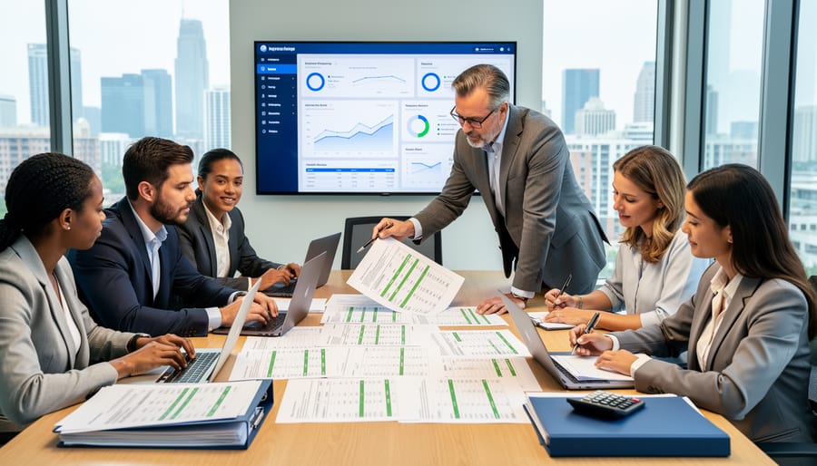 Accountant and small business owner reviewing financial documents in a boardroom