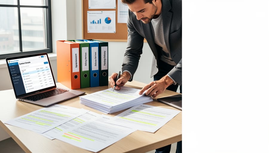 Business owner reviewing customer contract documents in an office.