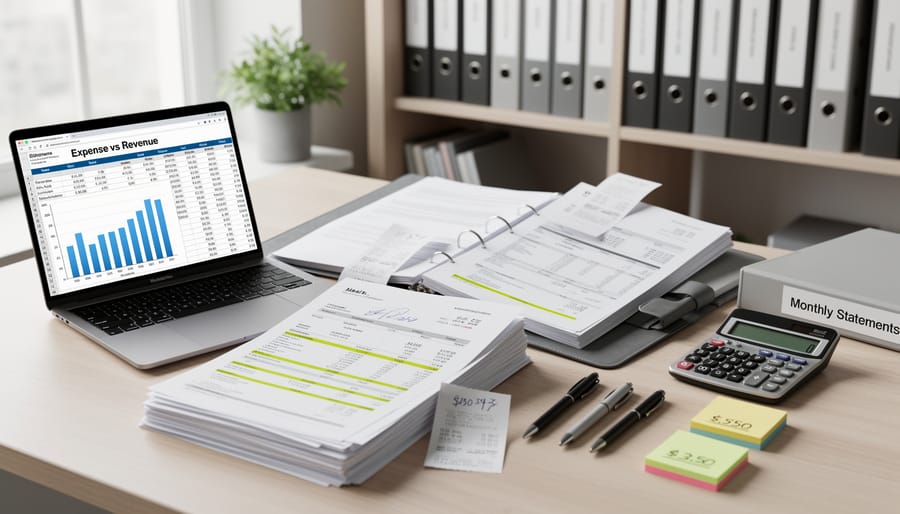 Hands sorting receipts and invoices with a calculator on a wooden desk