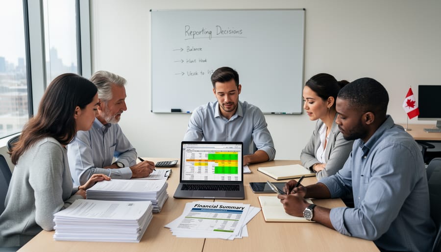 Open laptop and financial documents on a small business office desk