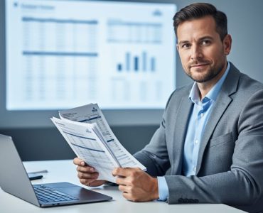 Canadian small business owner reviewing accounting documents in an office beside a laptop, representing financial reporting decisions.