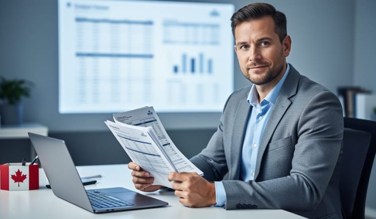 Canadian small business owner reviewing accounting documents in an office beside a laptop, representing financial reporting decisions.