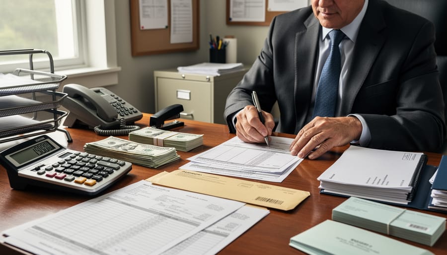 Overhead view of a desk with calculator, payroll documents, and a cheque envelope next to a computer keyboard