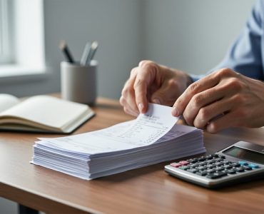 “Hands sorting accounting receipts and invoices with a calculator on a wooden desk, illustrating matching expenses to related revenue.”