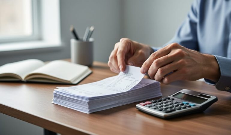 “Hands sorting accounting receipts and invoices with a calculator on a wooden desk, illustrating matching expenses to related revenue.”