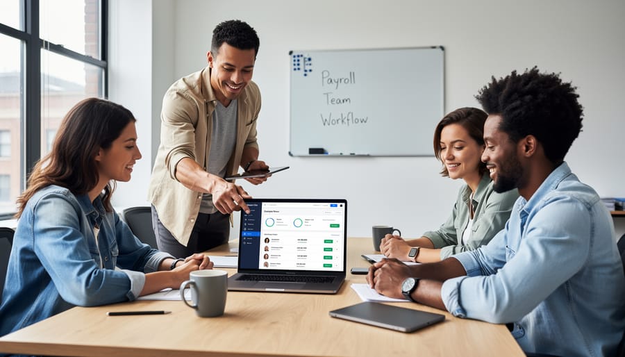 Manager’s laptop in foreground while two business colleagues talk in a softly blurred office background