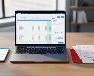 Small business desk with a laptop and smartphone icons representing payroll automation, with organized payroll documents and a Canadian flag–themed accessory in the background.