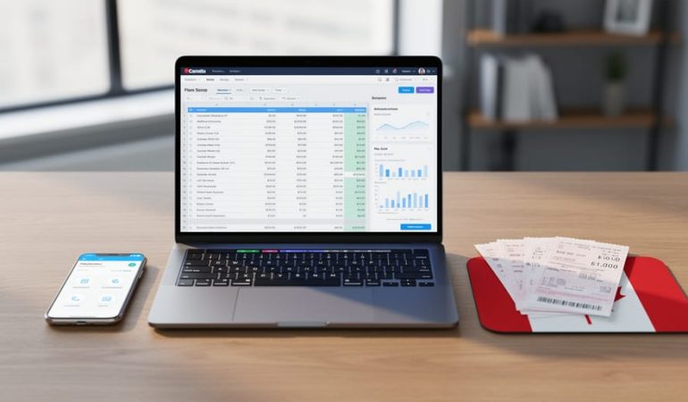 Small business desk with a laptop and smartphone icons representing payroll automation, with organized payroll documents and a Canadian flag–themed accessory in the background.