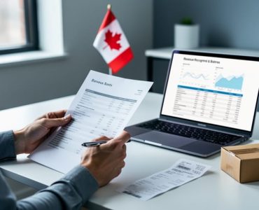 “Canadian small business owner reviewing accounting documents next to a delivery box and receipt to illustrate revenue recognition timing.”