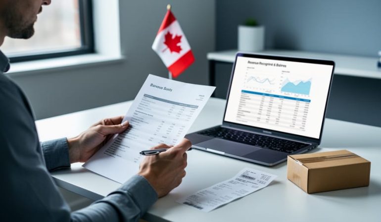 “Canadian small business owner reviewing accounting documents next to a delivery box and receipt to illustrate revenue recognition timing.”