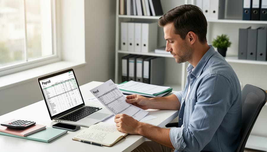 Canadian small business owner holding a smartphone in a home office with payroll documents and a laptop nearby