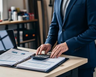 Canadian small business owner reviewing financial documents on an office desk with a calculator and laptop in a workshop setting