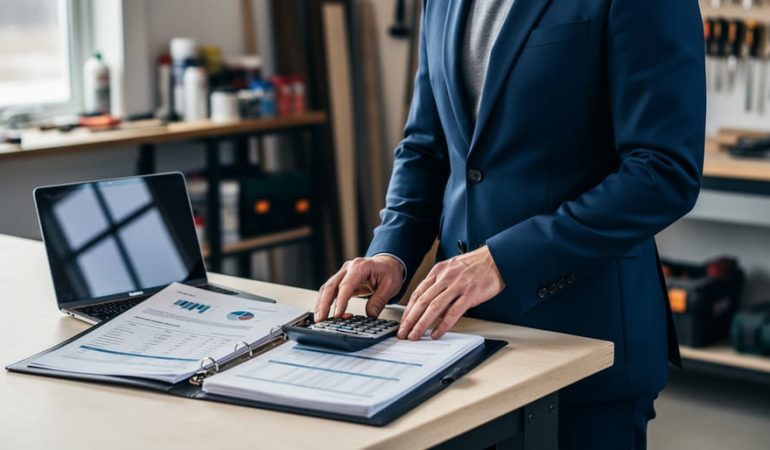 Canadian small business owner reviewing financial documents on an office desk with a calculator and laptop in a workshop setting