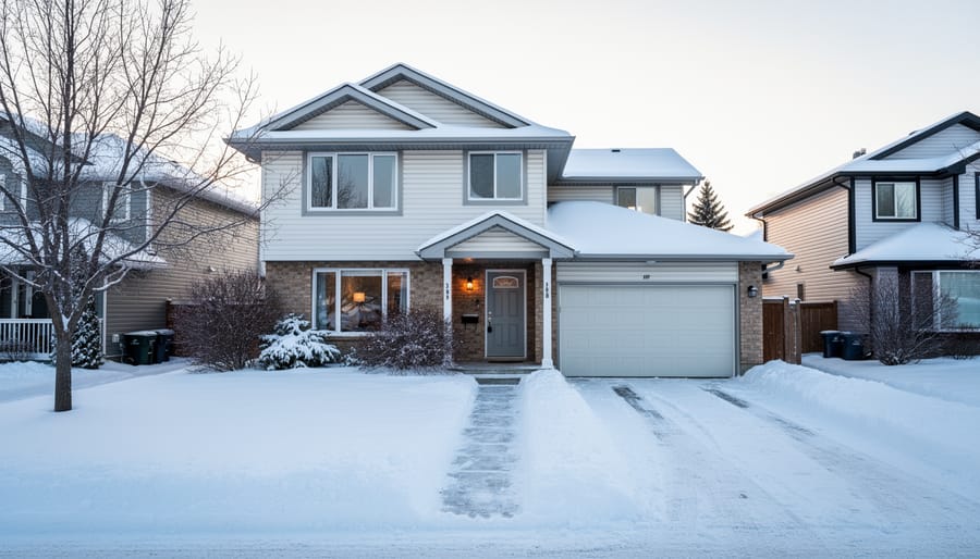 Winter exterior of a detached home with snow on the roof in Edmonton