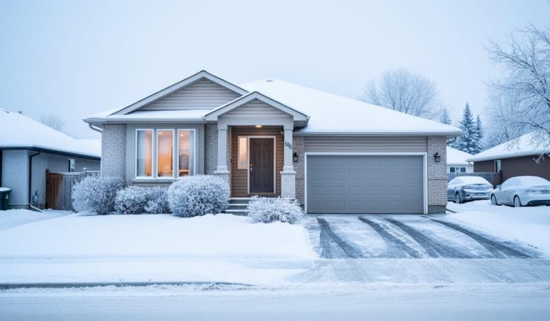 Winter exterior of a detached home in Edmonton with snow on the roof and yard under an overcast sky.