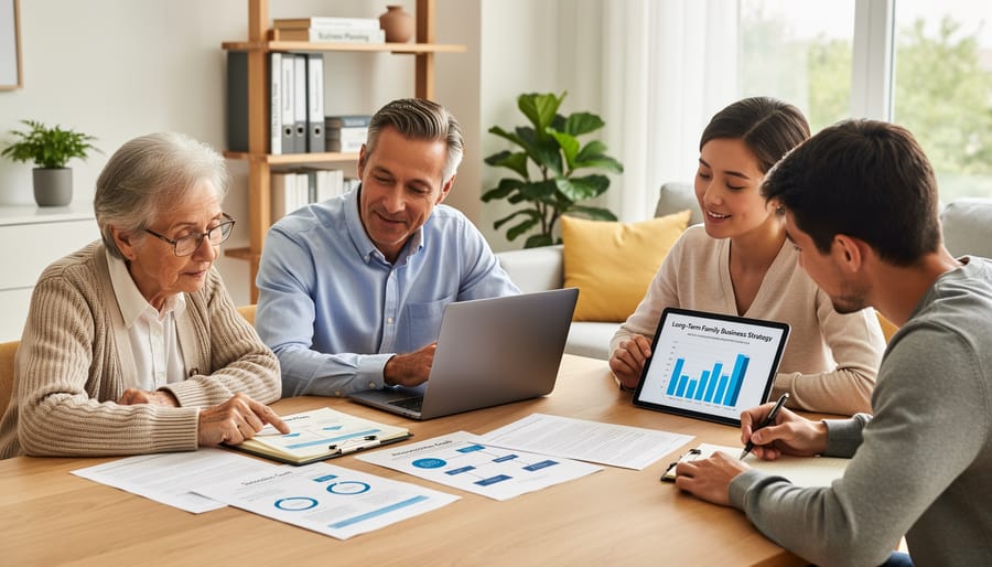 Family members reviewing business planning documents together at a kitchen table