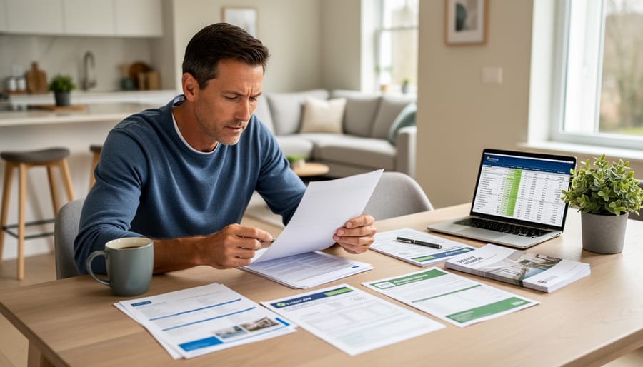 Homeowner reviewing insurance paperwork at a kitchen table