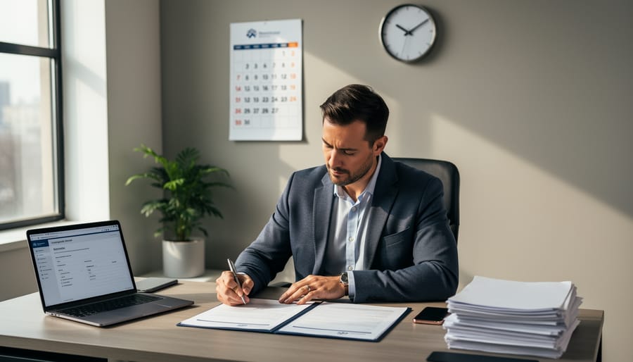 Canadian small business owner sealing incorporation documents in an office