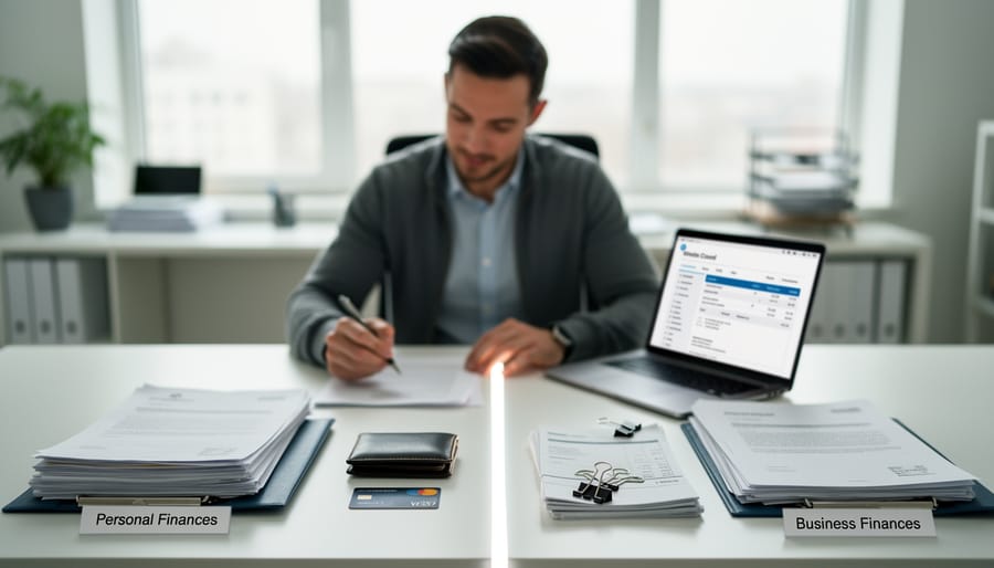 Split desk showing personal items on one side and corporate documents and stamp on the other
